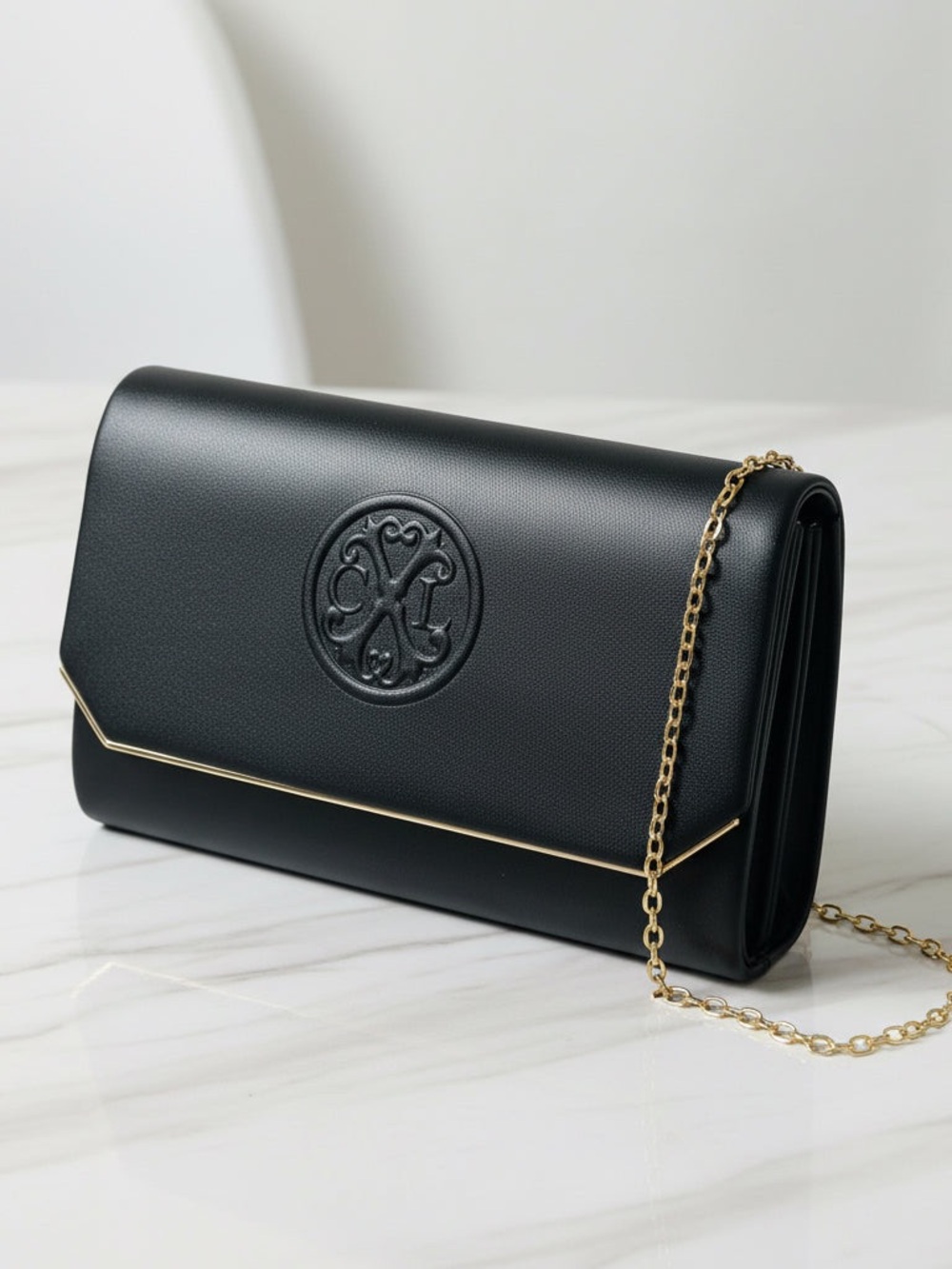 Black Faux Leather Chain-Handle Clutch with Embossed Logo